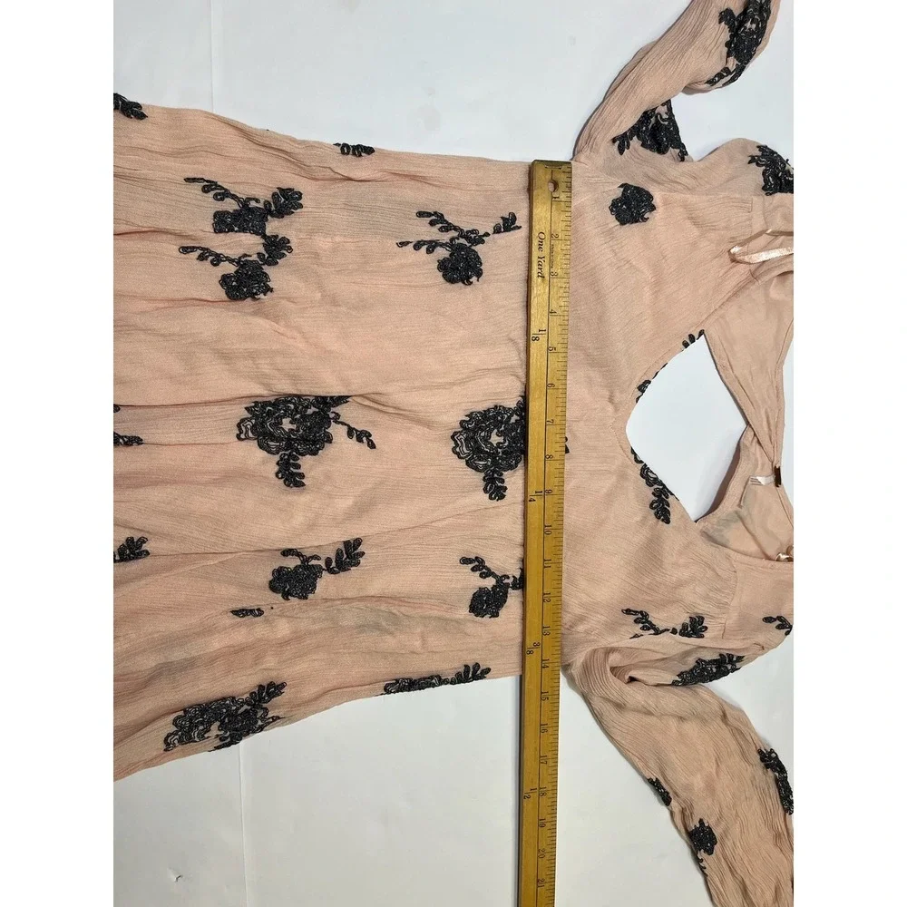 Free People Embroidered Mini Dress Womens XS Peach Black Floral Boho Festival